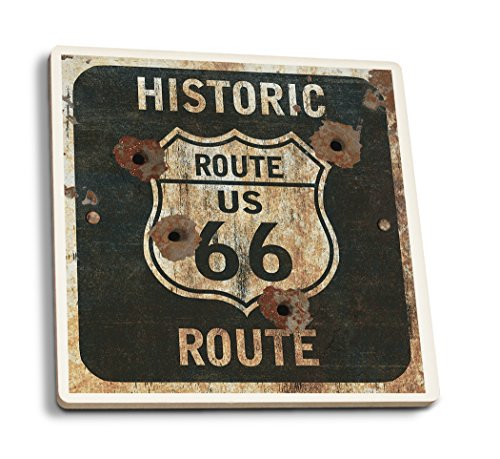Lantern Press Route 66 Sign -Set of 4 Ceramic Coasters Cork-Backed Absorbent-