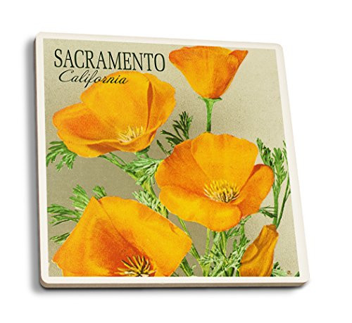 Lantern Press Sacramento California The Californian Poppy Flowers -Set of 4 Ceramic Coasters Cork-Backed Absorbent-