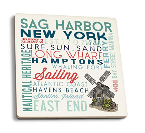 Lantern Press Sag Harbor New York Typography -Set of 4 Ceramic Coasters Cork-Backed Absorbent-