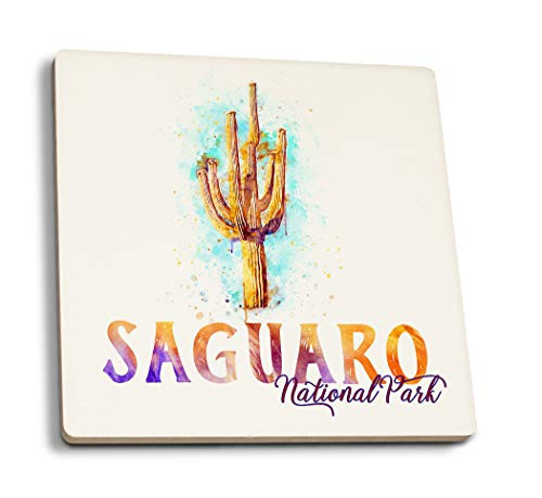 Lantern Press Saguaro National Park Arizona Cactus Watercolor -Set of 4 Ceramic Coasters Cork-Backed Absorbent-
