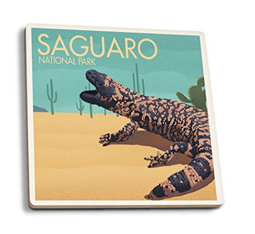 Lantern Press Saguaro National Park Arizona Gila Monster Lithograph -Set of 4 Ceramic Coasters Cork-Backed Absorbent-