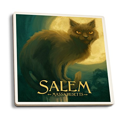 Lantern Press Salem Massachusetts Black Cat Halloween Oil Painting -Set of 4 Ceramic Coasters Cork-Backed Absorbent-
