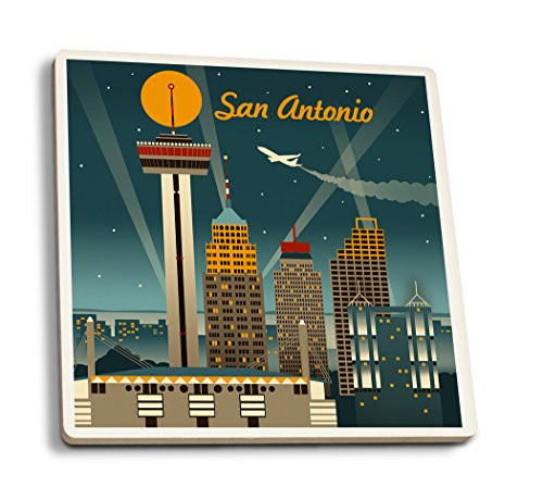 Lantern Press San Antonio Texas Retro Skyline -Set of 4 Ceramic Coasters Cork-Backed Absorbent-