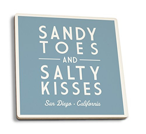 Lantern Press San Diego California Sandy Toes and Salty Kisses Simply Said -Set of 4 Ceramic Coasters Cork-Backed Absorbent-
