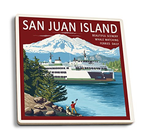 Lantern Press San Juan Island Boy Waving at Ferry -Set of 4 Ceramic Coasters Cork-Backed Absorbent-