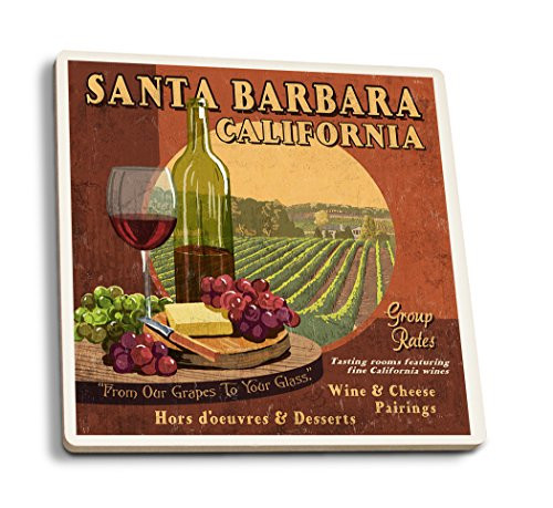 Lantern Press Santa Barbara California Wine Tasting Vintage Sign -Set of 4 Ceramic Coasters Cork-Backed Absorbent-
