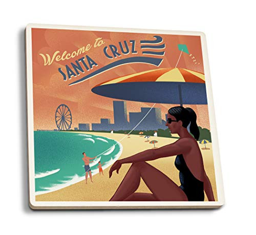 Lantern Press Santa Cruz California Beach Scene Lithograph 106902 -Set of 4 Ceramic Coasters Cork-Backed Absorbent-