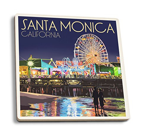Lantern Press Santa Monica California Pier at Night -Set of 4 Ceramic Coasters Cork-Backed Absorbent-