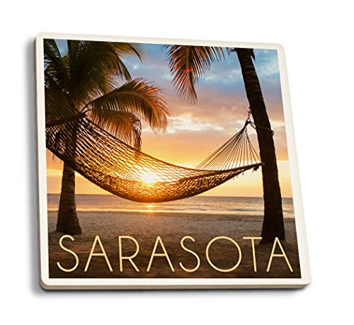 Lantern Press Sarasota Florida Hammock and Sunset -Set of 4 Ceramic Coasters Cork-Backed Absorbent-