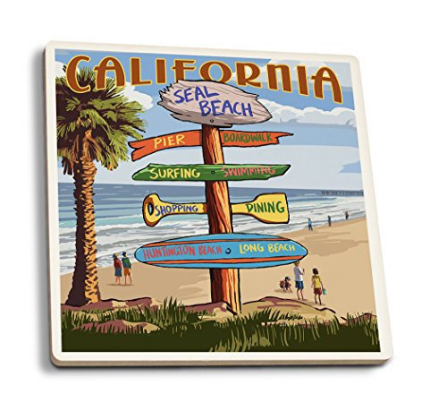 Lantern Press Seal Beach California Destinations Sign -Set of 4 Ceramic Coasters Cork-Backed Absorbent-