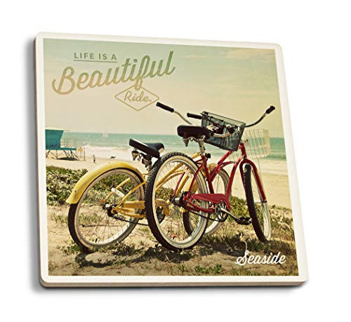 Lantern Press Seaside New Jersey Life is a Beautiful Ride Beach Cruisers -Set of 4 Ceramic Coasters Cork-Backed Absorbent-