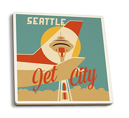 Lantern Press Seattle Washington Jet City -Set of 4 Ceramic Coasters Cork-Backed Absorbent-