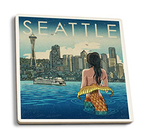 Lantern Press Seattle Washington Mermaid -Set of 4 Ceramic Coasters Cork-Backed Absorbent- Lantern Press Seattle Washington Mermaid -Set of 4 Ceramic Coasters Cork-Backed Absorbent-