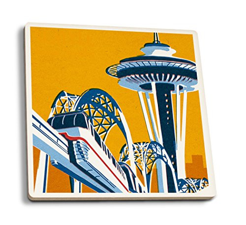 Lantern Press Seattle Washington Seattle Center Woodblock -Set of 4 Ceramic Coasters Cork-Backed Absorbent-