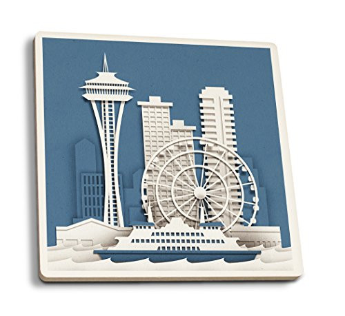 Lantern Press Seattle Washington Shadowbox -Set of 4 Ceramic Coasters Cork-Backed Absorbent- Lantern Press Seattle Washington Shadowbox -Set of 4 Ceramic Coasters Cork-Backed Absorbent-