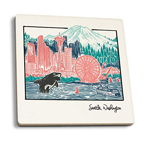 Lantern Press Seattle Washington Skyline -Set of 4 Ceramic Coasters Cork-Backed Absorbent- Lantern Press Seattle Washington Skyline -Set of 4 Ceramic Coasters Cork-Backed Absorbent-