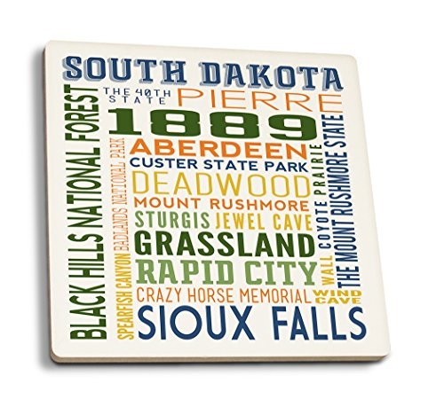 Lantern Press South Dakota Typography -Set of 4 Ceramic Coasters Cork-Backed Absorbent-
