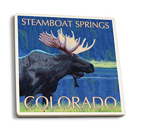 Lantern Press Steamboat Springs Colorado Moose at Night -Set of 4 Ceramic Coasters Cork-Backed Absorbent-