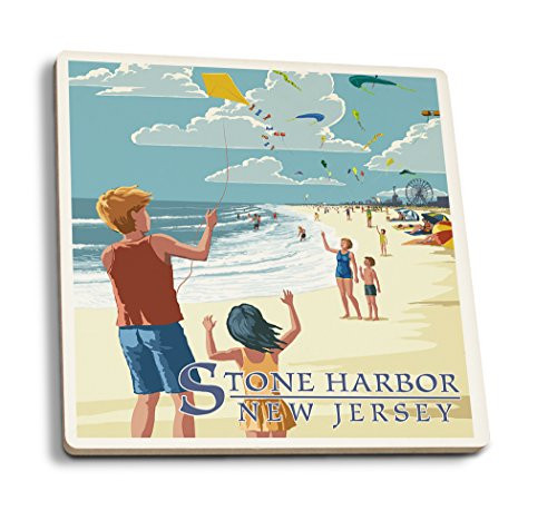 Lantern Press Stone Harbor New Jersey Kite Flyers -Set of 4 Ceramic Coasters Cork-Backed Absorbent-
