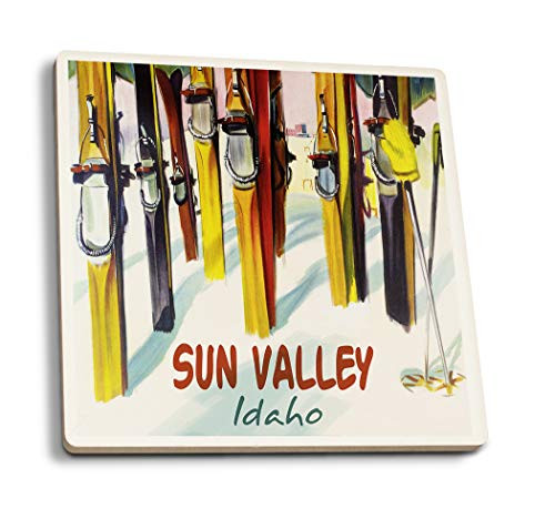 Lantern Press Sun Valley Idaho Colorful Skis -Set of 4 Ceramic Coasters Cork-Backed Absorbent-