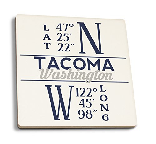 Lantern Press Tacoma Washington Latitude and Longitude -Blue- -Set of 4 Ceramic Coasters Cork-Backed Absorbent-