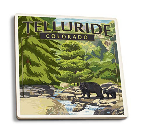 Lantern Press Telluride Colorado Black Bears and Stream -Set of 4 Ceramic Coasters Cork-Backed Absorbent-
