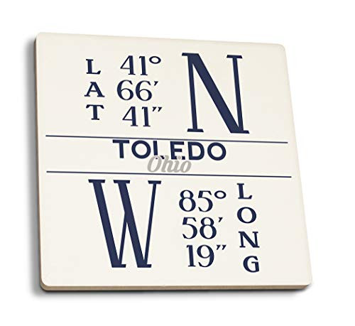 Lantern Press Toledo Ohio Latitude and Longitude -Blue- -Set of 4 Ceramic Coasters Cork-Backed Absorbent-