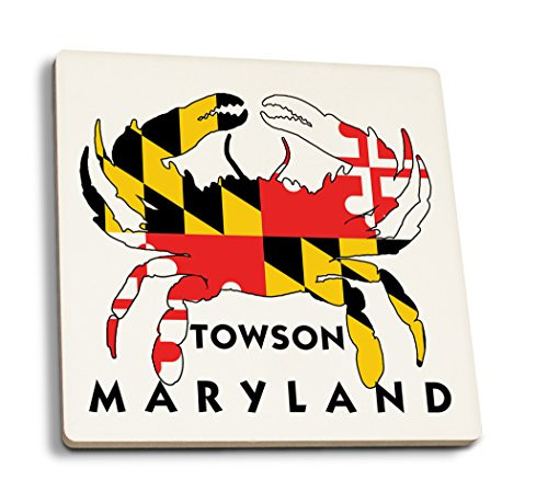 Lantern Press Towson Maryland Crab Flag -White with Black Text- -Set of 4 Ceramic Coasters Cork-Backed Absorbent-