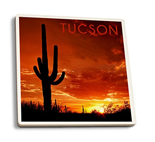 Lantern Press Tucson Arizona Sunset and Cactus Photograph -Set of 4 Ceramic Coasters Cork-Backed Absorbent-