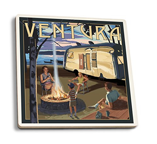 Lantern Press Ventura California Retro Camper and Lake -Set of 4 Ceramic Coasters Cork-Backed Absorbent-