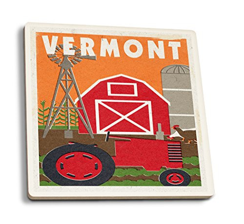 Lantern Press Vermont Country Woodblock -Set of 4 Ceramic Coasters Cork-Backed Absorbent-