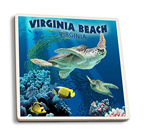 Lantern Press Virginia Beach Virginia Sea Turtle Swimming 48733 -Set of 4 Ceramic Coasters Cork-Backed Absorbent-