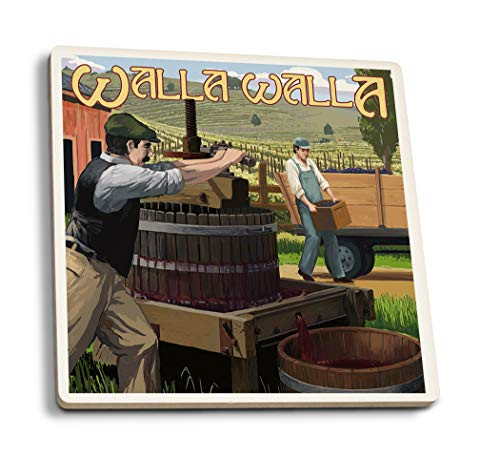 Lantern Press Walla Walla Washington Wine Grape Crushing -Set of 4 Ceramic Coasters Cork-Backed Absorbent- Lantern Press Walla Walla Washington Wine Grape Crushing -Set of 4 Ceramic Coasters Cork-Backed Absorbent-