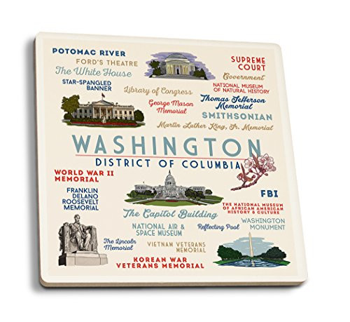 Lantern Press Washington DC Typography and Icons -Set of 4 Ceramic Coasters Cork-Backed Absorbent-