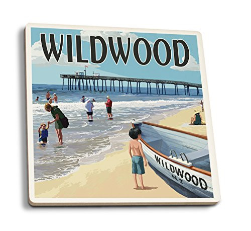 Lantern Press Wildwood New Jersey Lifeboat and Pier -Set of 4 Ceramic Coasters Cork-Backed Absorbent-