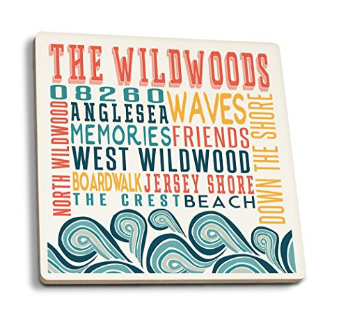 Lantern Press Wildwood New Jersey Typography -Set of 4 Ceramic Coasters Cork-Backed Absorbent-