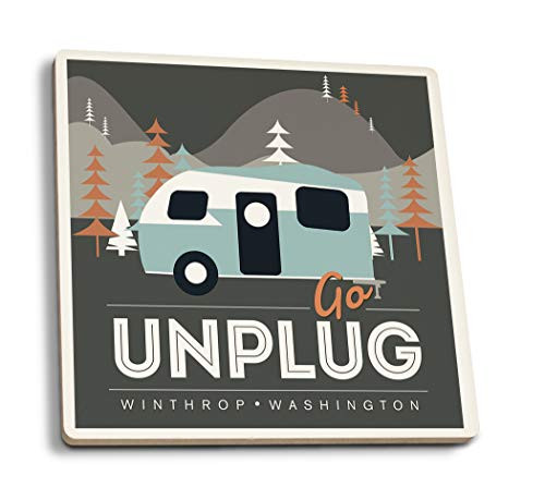 Lantern Press Winthrop Washington Go Unplug Retro Camper -Set of 4 Ceramic Coasters Cork-Backed Absorbent-