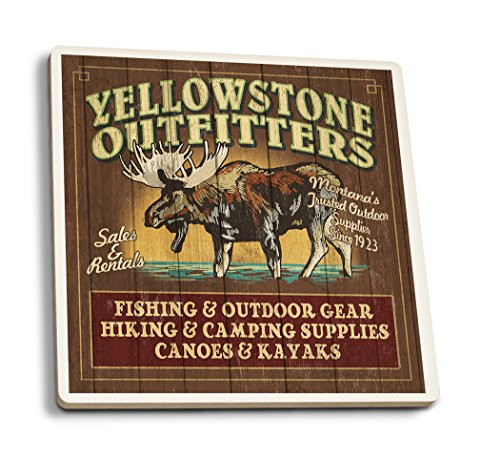 Lantern Press Yellowstone National Park Montana Moose Outfitters Vintage Sign -Set of 4 Ceramic Coasters Cork-Backed Absorbent- Lantern Press Yellowstone National Park Montana Moose Outfitters Vintage Sign -Set of 4 Ceramic Coasters Cork-Backed Absorbent-