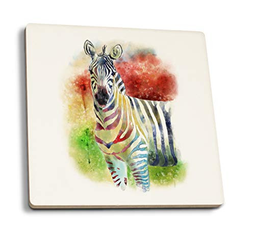 Lantern Press Zebra Watercolor -Set of 4 Ceramic Coasters Cork-Backed Absorbent-