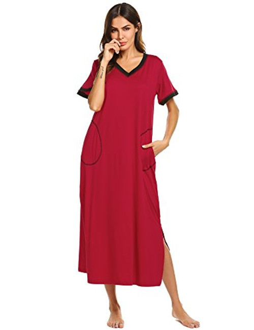 Ekouaer Womens Sleepshirt Short Sleeve Night Dress -Wine Red Medium-