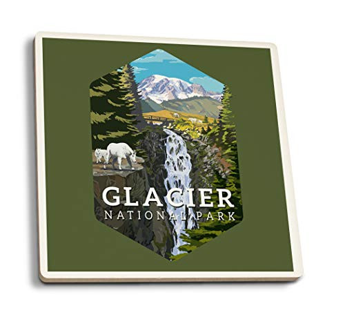 Lantern Press Glacier National Park Montana Mountain Goats and Waterfall Contour 108458 -Set of 4 Ceramic Coasters Cork-Backed Absorbent-