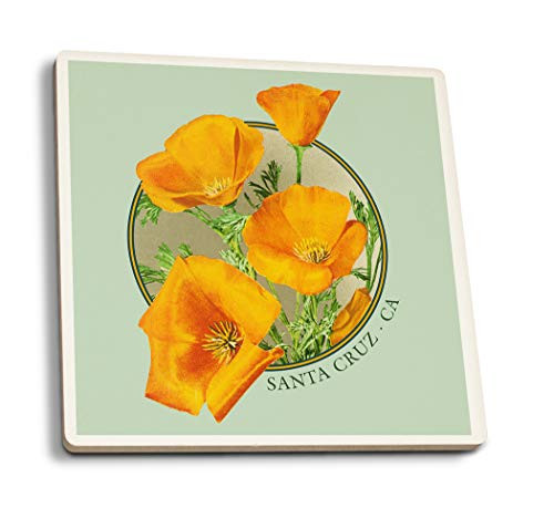 Lantern Press Santa Cruz California Poppy Contour 106899 -Set of 4 Ceramic Coasters Cork-Backed Absorbent-