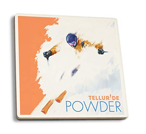 Lantern Press Telluride Colorado Powder Ski Scene 108056 -Set of 4 Ceramic Coasters Cork-Backed Absorbent-