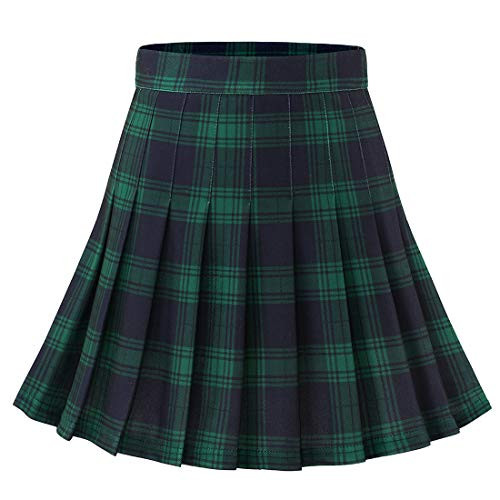 Dressystar Women's Basic Skirt Stretchy Skater Cheerleader Pleated Mini Skirt 20 Green Navy Plaid XL