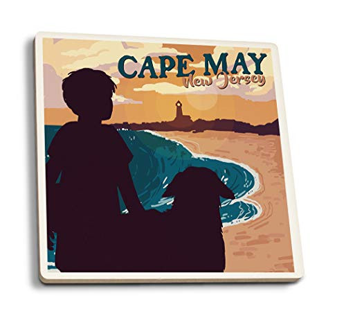 Lantern Press Cape May New Jersey Boy and Dog on Beach 105318 -Set of 4 Ceramic Coasters Cork-Backed Absorbent-