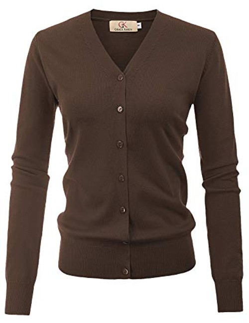 Womens Long Sleeve Button Down Classic Knit Cardigan Sweater-XLCoffee-