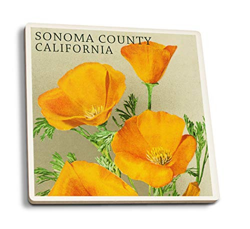 Lantern Press Sonoma County California Poppy 101650 -Set of 4 Ceramic Coasters Cork-Backed Absorbent-