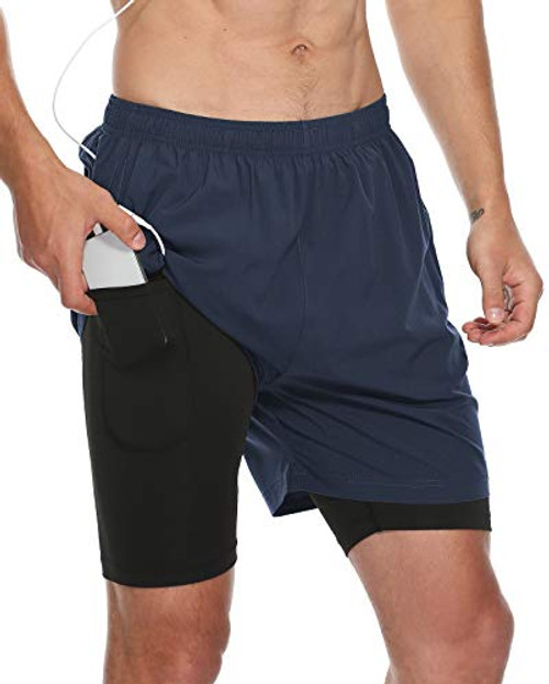 FEDTOSING Men's 2 in 1 Workout Shorts 7 Inch Quick Dry Gym Running Athletic Shorts with Phone Pocket -Navy Blue S-