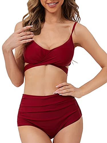 Summer Mae Womens Criss Cross High Waisted Swimsuits Bandage Bikini Wrap Top Swimwear Athletic Two Piece Bathing Suits Wine