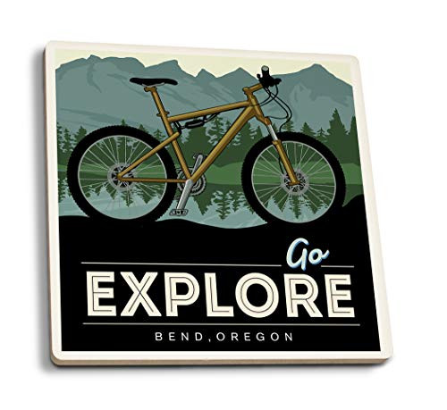 Lantern Press Bend Oregon Go Explore Bike 109351 -Set of 4 Ceramic Coasters Cork-Backed Absorbent-